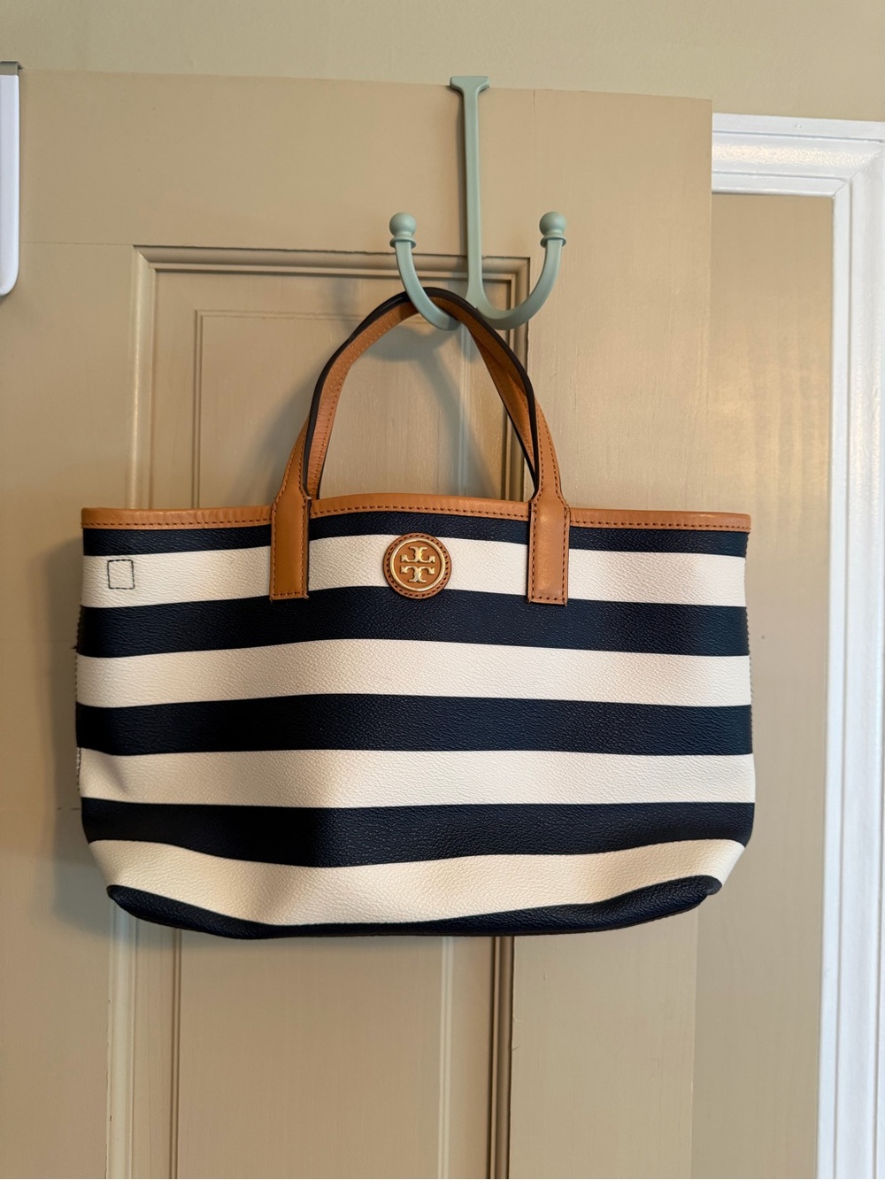 Tory Burch Navy and White Striped Tote with Tan Trim and Logo Medallion